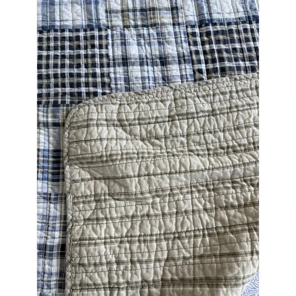 Eddie Bauer Plaid Quilt Blue Gray Cream Twin Throw Vtg 90s Rustic Cabin Cottage